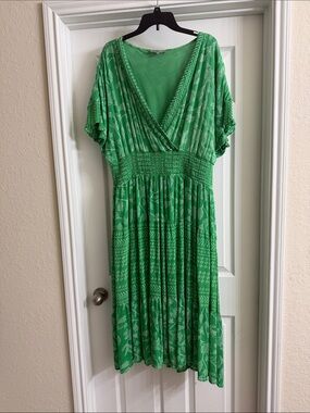 Green Printed V-Neck Women’s Dress